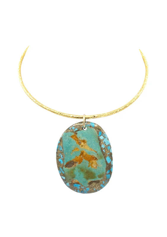 Ladies long necklaces-Peruvian Copper Infused Turquoise Pendant Gold Bar Necklace