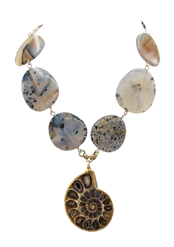 Ladies moon and star necklaces-Animal Print Agate Ammonite Pendant in Gold Foil Necklace