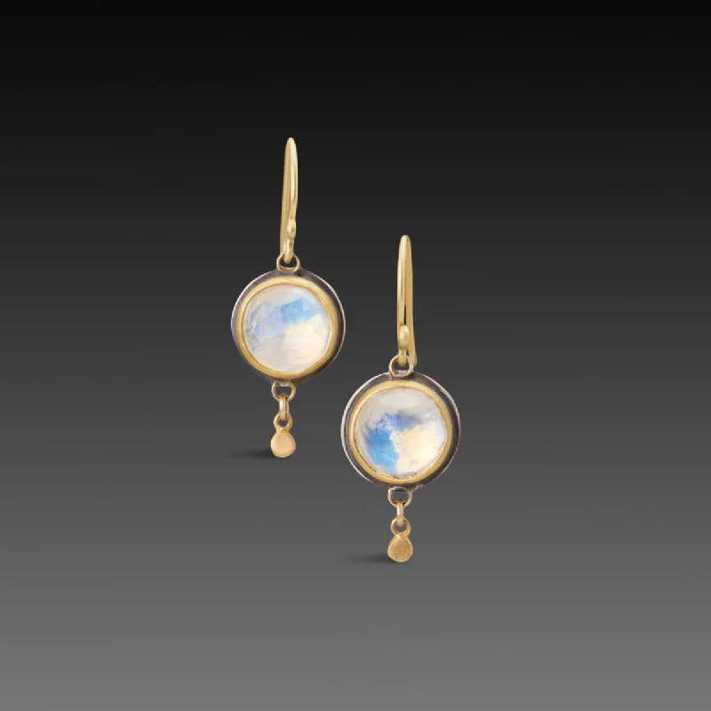 Ladies drop gemstone earrings-Round Moonstone Earrings with Gold Drops