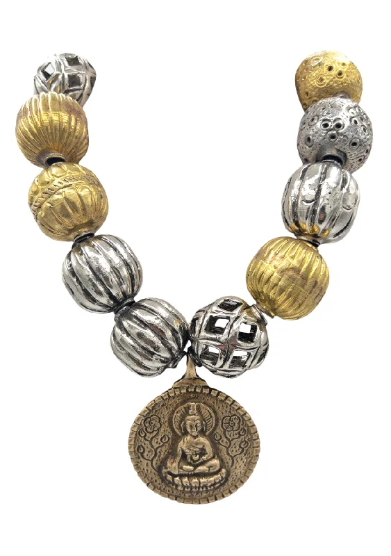 Ladies gold necklaces-Gold and Silver Ball Buddha Pendant Necklace