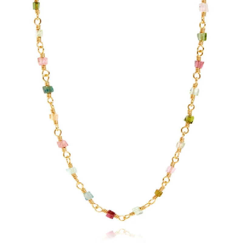 Ladies silver necklaces-Mixed coloured 18K Gold Plated Necklace w. Tourmalines