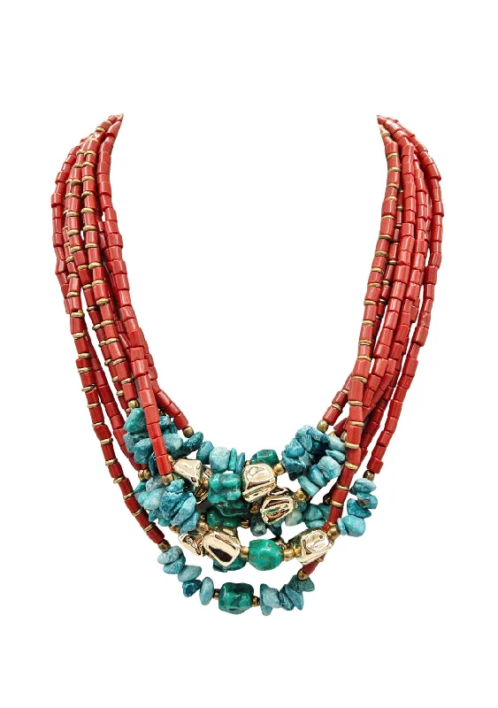 Ladies classic pearl necklaces-Red Coral Turquoise Gold Bohemian Necklace