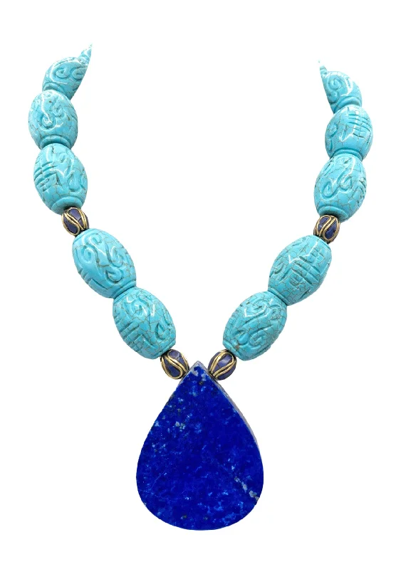 Ladies heart-shaped necklaces-Carved Turquoise DENIM Lapis Pendant Necklace