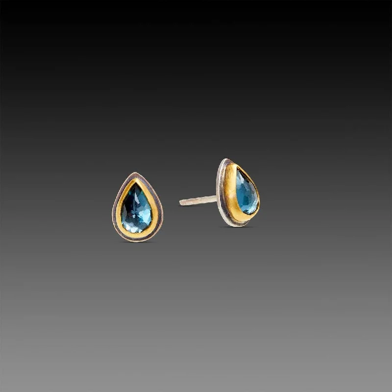 Ladies silver earrings-London Blue Topaz Teardrop Stud Earrings