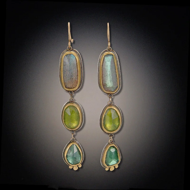 Ladies vintage diamond earrings-Rose Cut Labradorite, Vesuvianite and Green Tourmaline Earrings