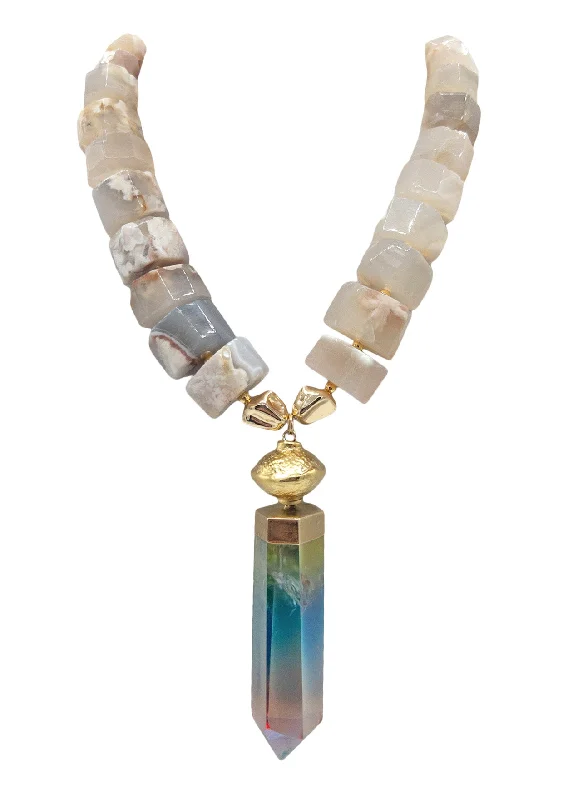 Ladies moonstone necklaces-Agate Rainbow Crystal Quartz Pendant Necklace