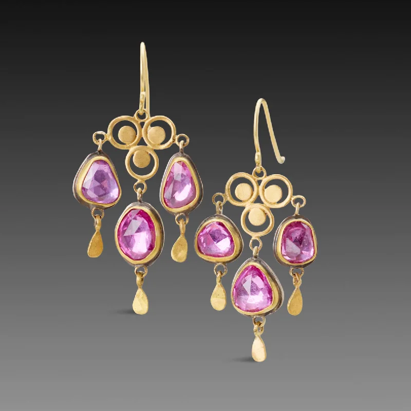 Ladies dainty earrings-Pink Sapphire Filigree Chandelier Earrings