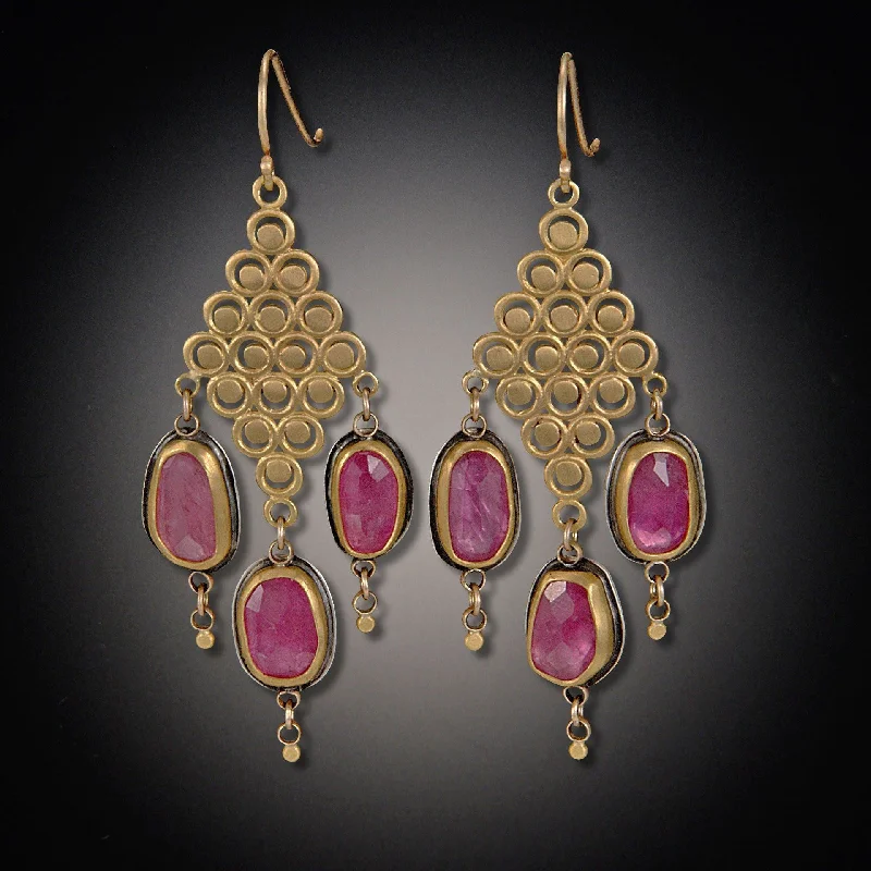 Ladies drop gemstone earrings-22k Filigree Earrings with Pink Sapphires