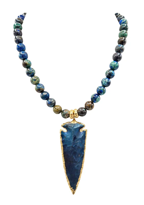 Ladies boho chic necklaces-Chrysocolla Blue Arrowhead in Gold Foil Pendant Necklace