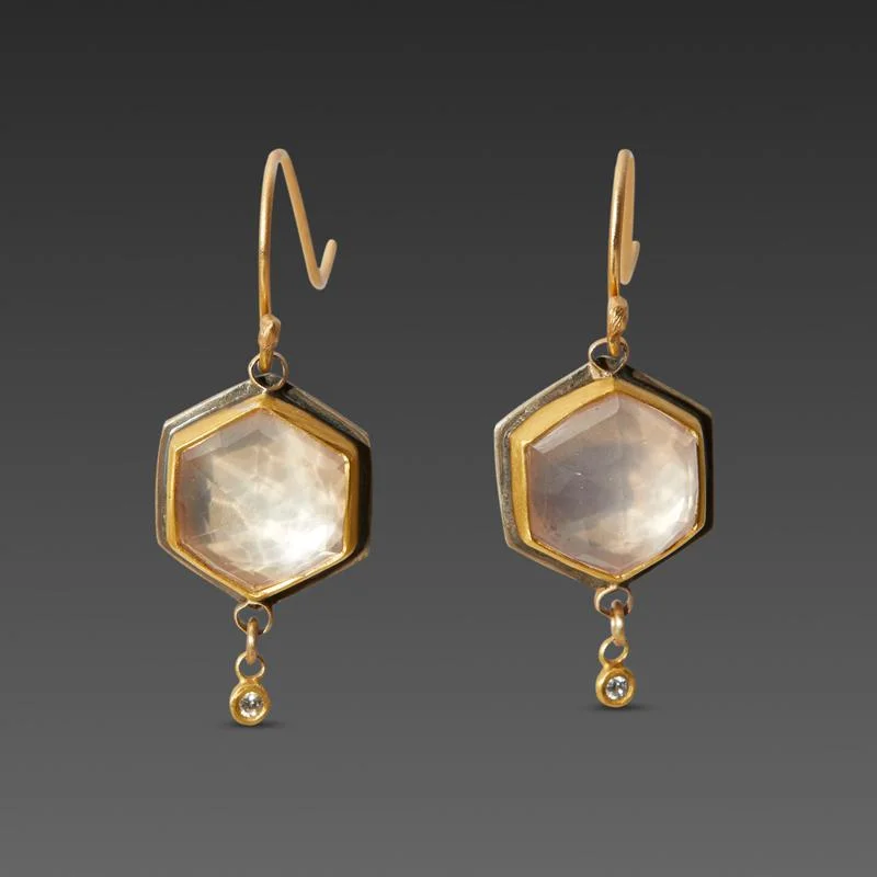 Ladies multi-layer earrings-Rose Quartz Earrings with Diamond Drops