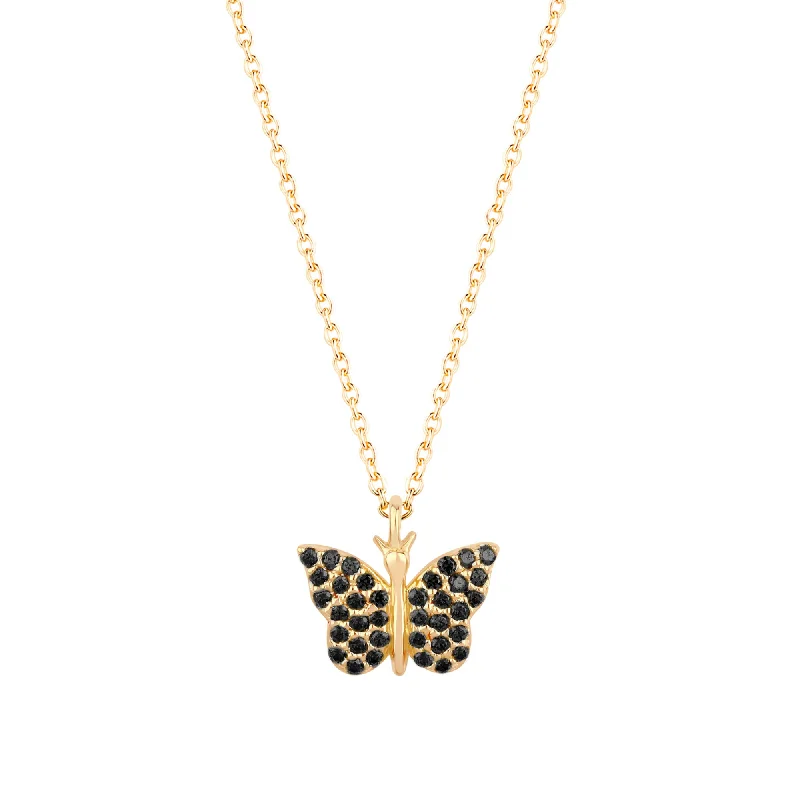 Ladies gold pendant necklaces-Butterfly 18K Gold Plated Necklace w. Black Zirconias