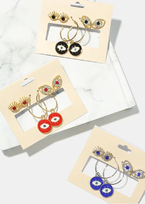 Ladies gold drop earrings-3 Pair Evil Eye Earrings