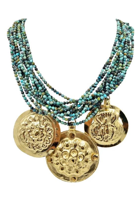 Ladies designer chain necklaces-Turquoise Triple Gold Medallion Necklace