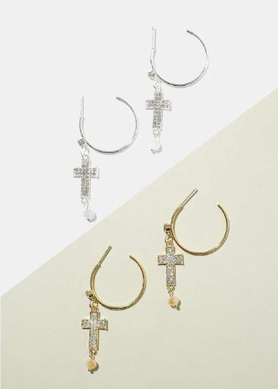 Ladies fancy drop earrings-Rhinestone Cross Dangle Earrings