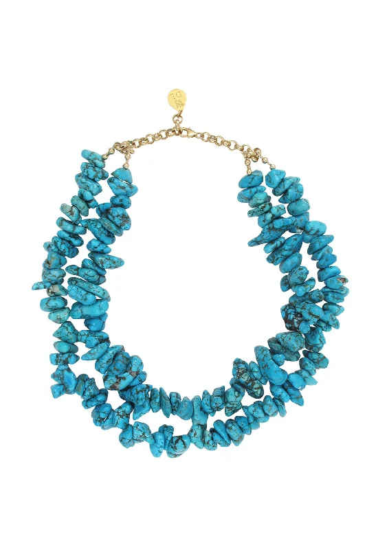 Ladies elegant gold necklaces-Double Strand Turquoise Nugget Necklace