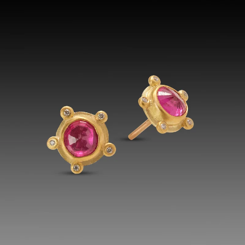 Ladies gold hoop earrings-Ruby Stud Earrings with Diamonds