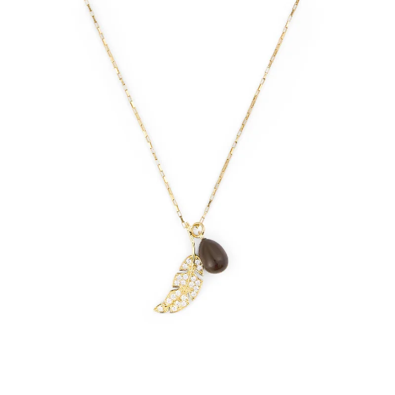 Ladies round gemstone necklaces-Leaf & Drop Gold Vermeil Necklace w. Smokey Onyx