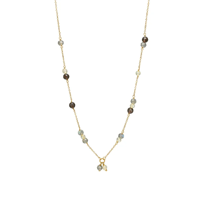 Ladies yellow gold necklaces-18K Gold Plated Necklace w. Quartz & Labradorite