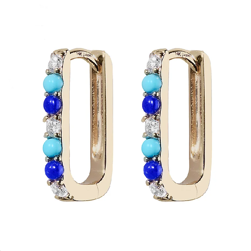 Ladies colorful earrings-Diamond, Lapis & Turquoise Small Paperclip Hoop Earring