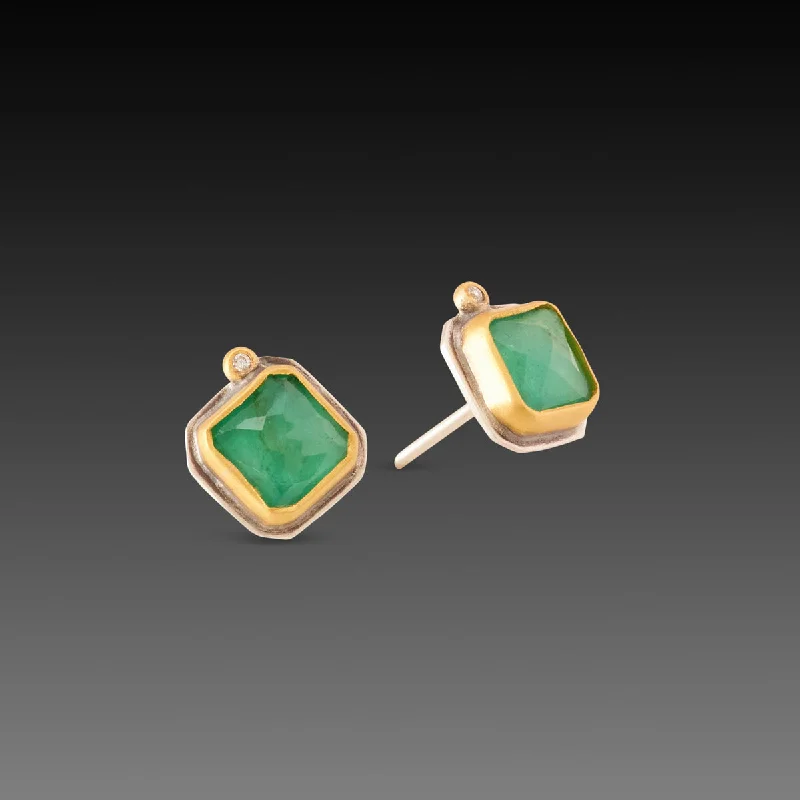 Ladies silver stud earrings-Square Emerald Stud Earrings