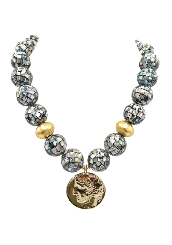 Ladies collar necklaces-Abalone Bead Coin Pendant Necklace