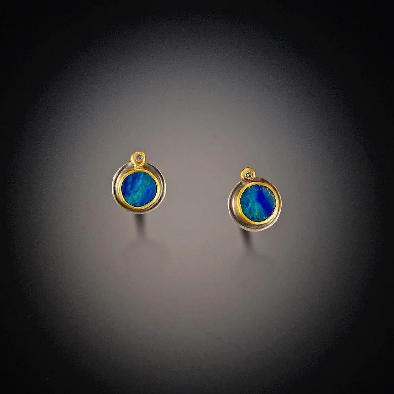 Ladies big hoop earrings-Tiny Australian Opal Stud Earrings with Diamonds