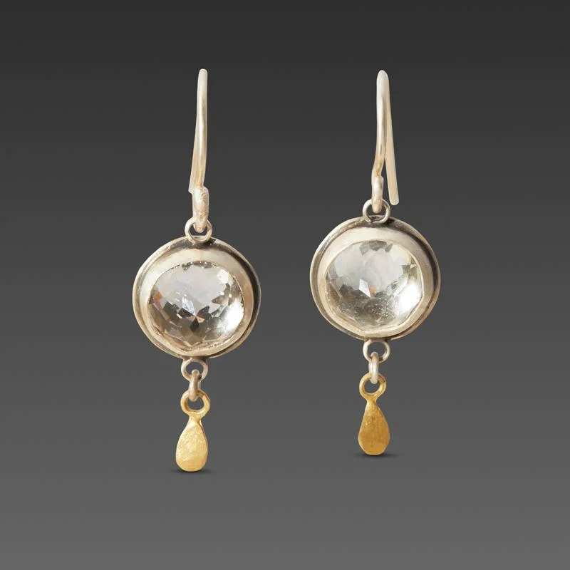 Ladies heart earrings-Clear Topaz Earrings with 22k Gold Drops