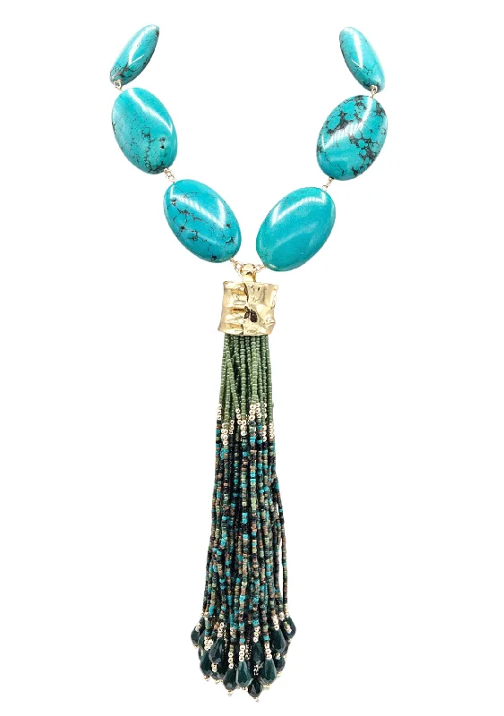 Ladies designer pendant necklaces-Turquoise Gold Accent Green Tassel Necklace