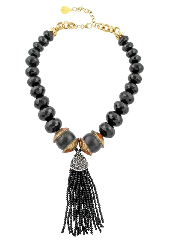 Ladies wedding day necklaces-Black Onyx Tassel Necklace | Tribal Accent Bead