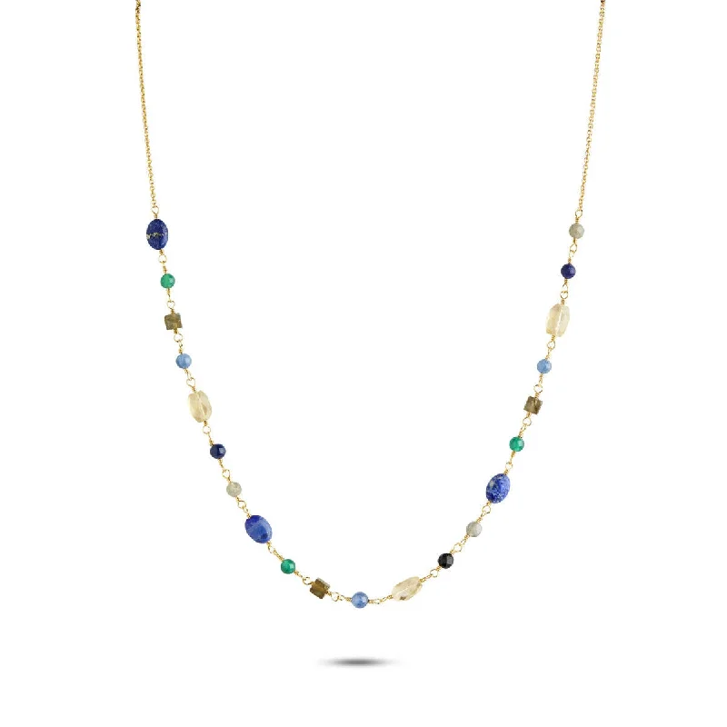 Ladies heart locket necklaces-Gem Candy Confidence 18K Gold Plated Necklace w. Laboradorite, Agate, Citrin, Kyanite & Lapis