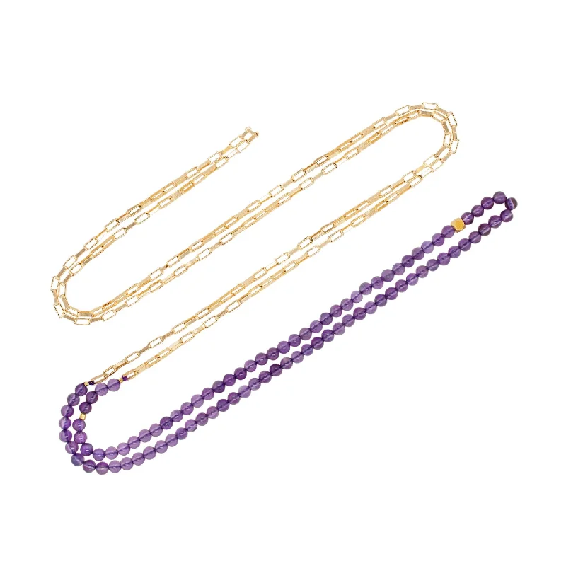 Ladies gold chain necklaces-Multi Gold Plated Necklace w. Amethyst