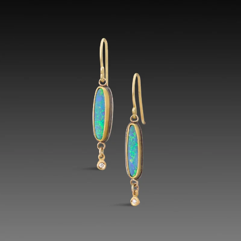 Ladies designer earrings-Australian Opal Earrings with Diamond Drops