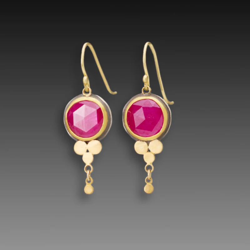 Ladies tribal earrings-Round Ruby Earrings with Gold Trios