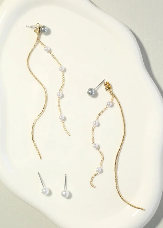 Ladies ear jewelry-Pearl Chain Drop Earrings