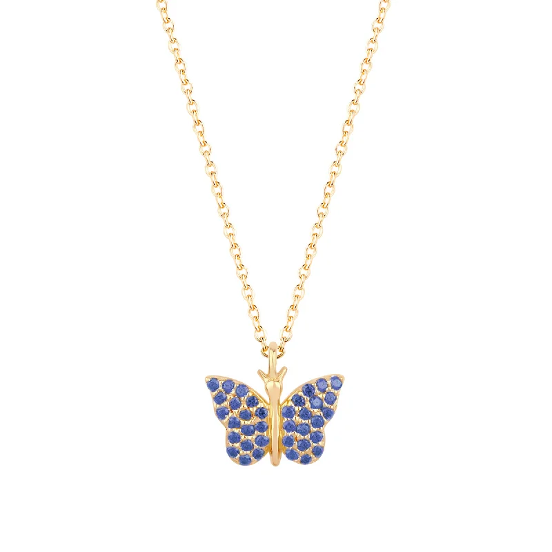 Ladies fashion necklaces-Butterfly 18K Gold Plated Necklace w. Blue Zirconias