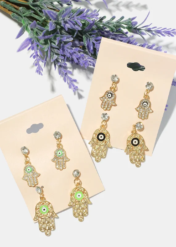 Ladies gemstone earrings-2 Pair Dangle Hamsa Hand Earrings