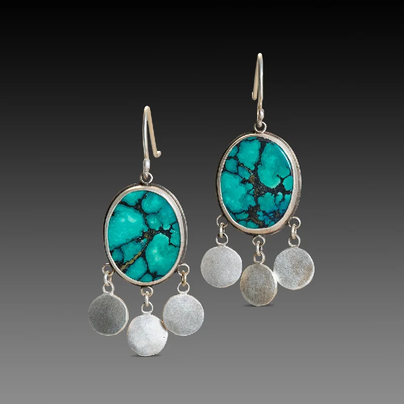 Ladies personalized earrings-Oval Turquoise Earrings with Silver Fringe