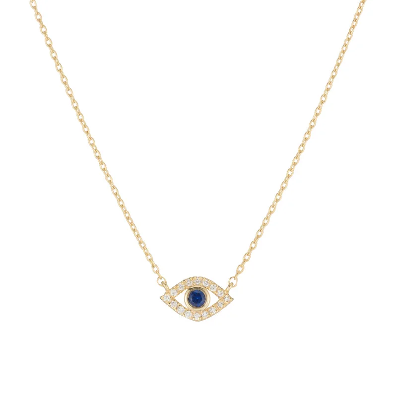 Ladies sterling silver heart necklaces-Diamond and Sapphire Evil Eye Necklace, 14k