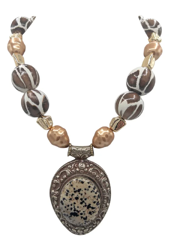 Ladies double-strand necklaces-Bronze Freshwater Pearl Animal Print Ethnic Medallion Necklace