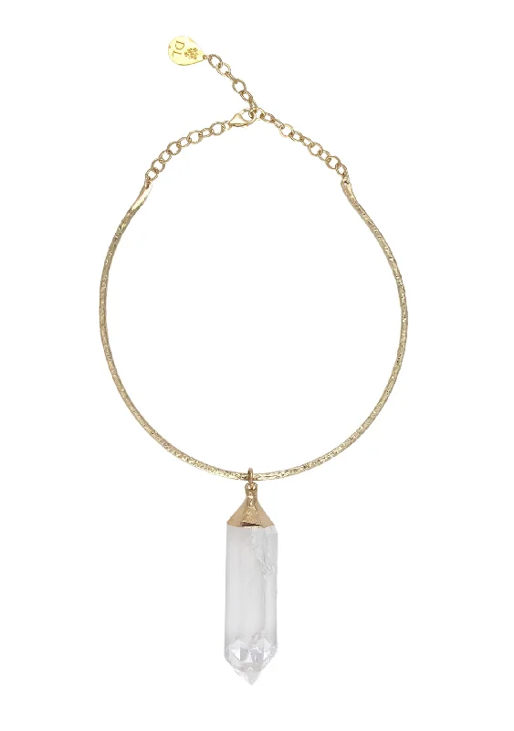 Ladies holiday charm necklaces-Clear Quartz Spike in Gold Foil Bar Necklace