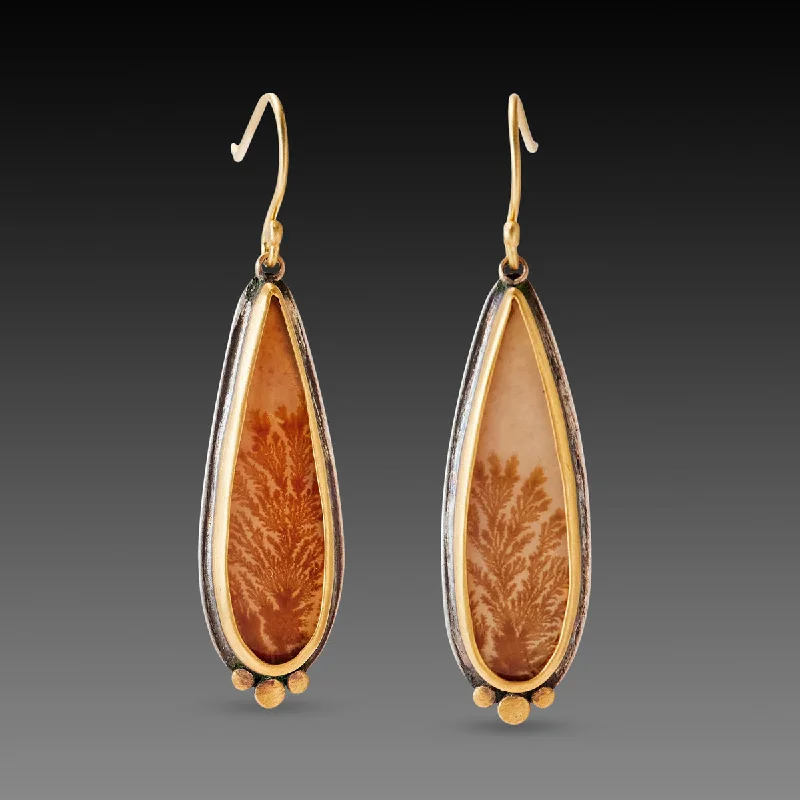 Ladies bridal earrings-Dendritic Agate Earrings with Gold Trios