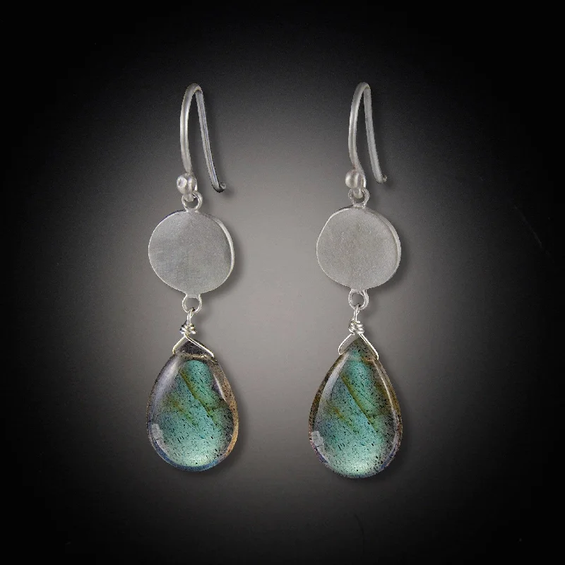 Ladies ear cuffs-Single Disk with Labradorite Drop Earrings