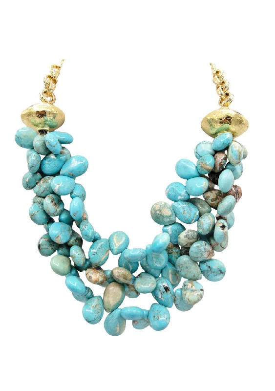 Ladies bohemian necklaces-Turquoise Gold Accent Up and Down Necklace