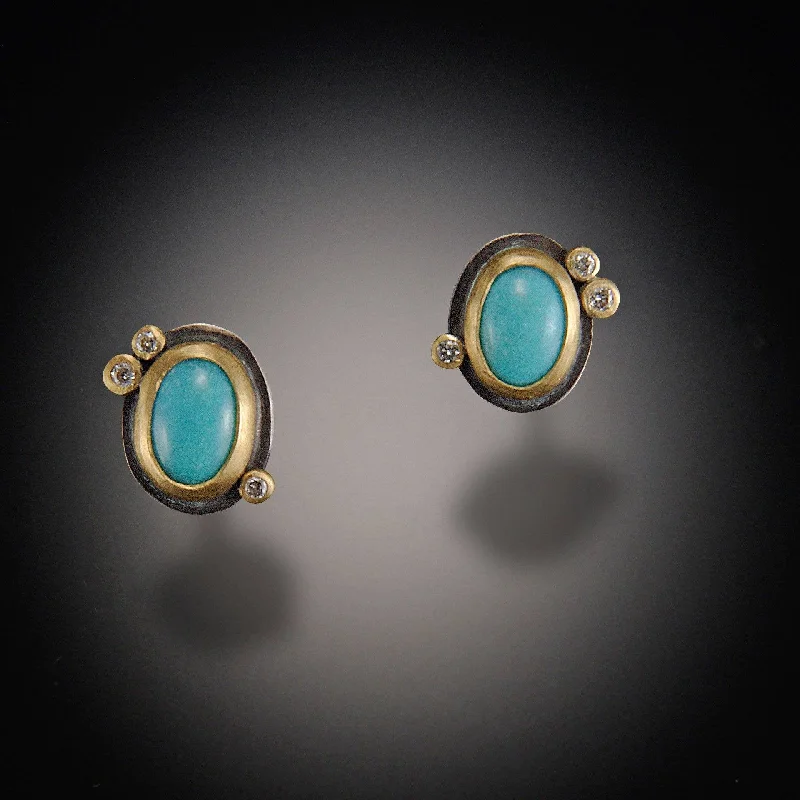 Ladies fancy drop earrings-Turquoise Stud Earrings with Three Diamond Dots