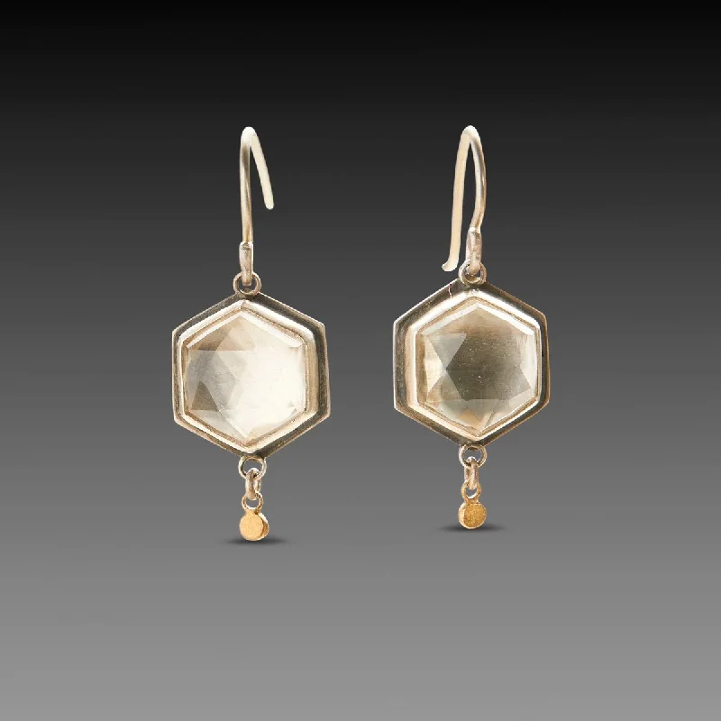 Ladies hoop and stud earrings-Geometric Clear Topaz Earrings with Gold Drops