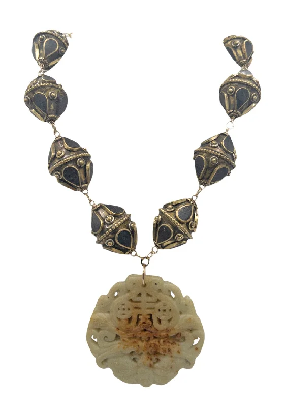 Ladies sterling silver necklaces-Ethnic Brass Beads Carved Jade Pendant Necklace