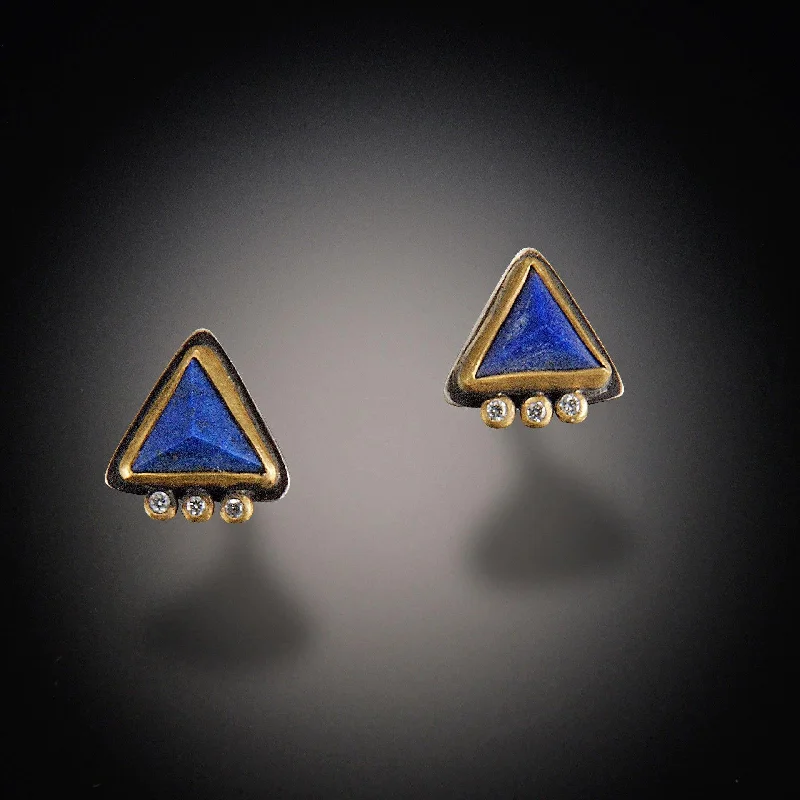 Ladies luxury hoop earrings-Triangle Lapis Stud Earrings with Three Diamond Dots