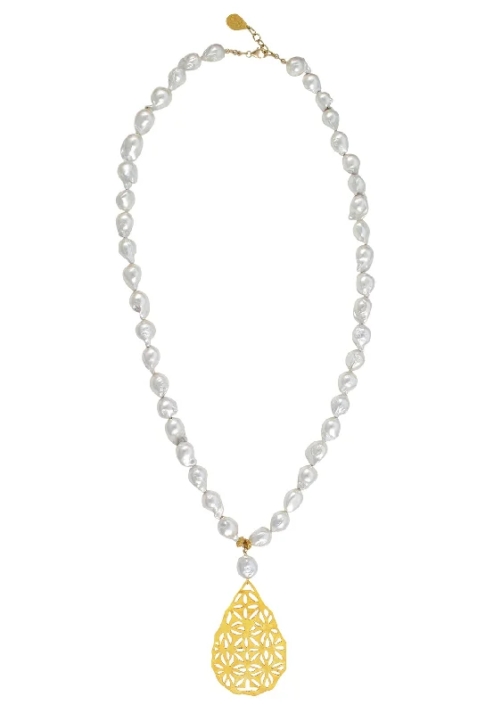 Ladies engagement necklaces-Baroque Pearl Gold Filigree Pendant Necklace