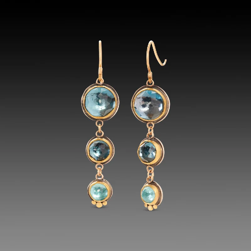 Ladies gold earrings-Triple Blue Topaz Drop Earrings