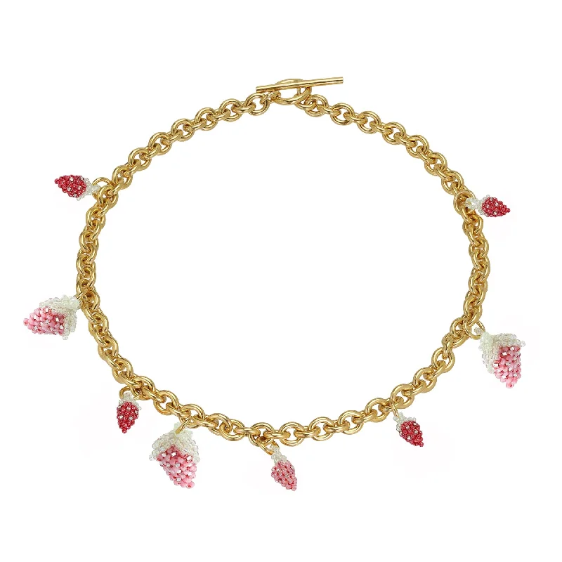 Ladies pearl and gold necklaces-Medium Chunky Strawberry Necklace Gold Plated, Pink and Red Beads